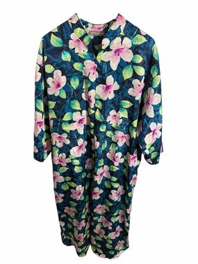 Valerie Stevens Navy Floral Long House Dress Muumuu with Pink & Green Blooms